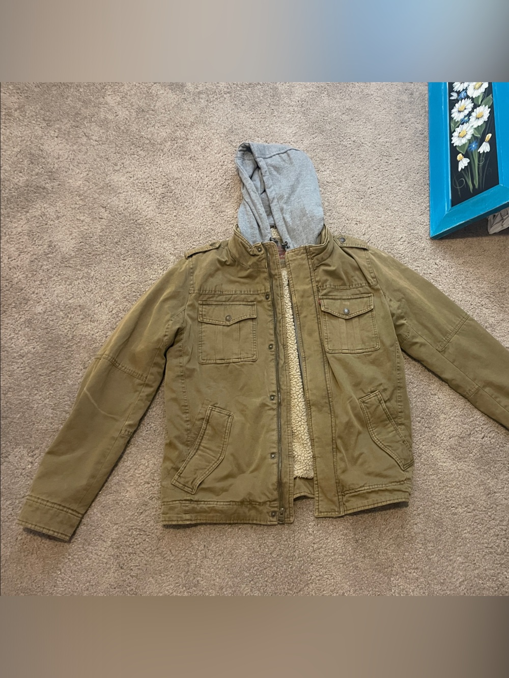 Levi's Olive Green Hooded Field Jacket with Gray Hood